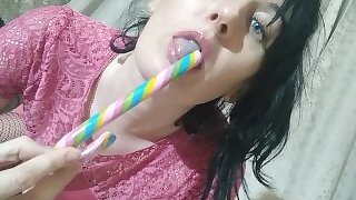 She sucks a pop and shoves it in her hairy pussy GinnaGg